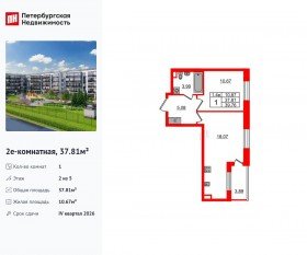 ЖК «Парадный ансамбль», планировка 1-комнатной квартиры, 37.81 м²
