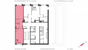 ЖК «Обручева 30», планировка 1-комнатной квартиры, 43.80 м²
