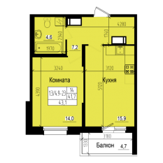 ЖК «Прагма City», планировка 1-комнатной квартиры, 43.10 м²