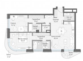 ЖК Дом «Лаврушинский», планировка 2-комнатной квартиры, 106.80 м²