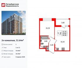 ЖК «Астра Континенталь», планировка 1-комнатной квартиры, 32.64 м²