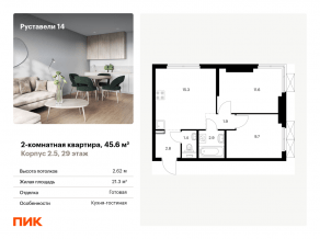 ЖК «Руставели 14», планировка 2-комнатной квартиры, 45.60 м²