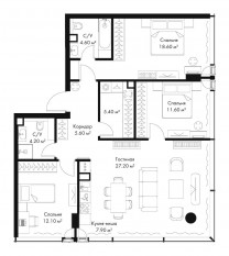 МФК «SLAVA», планировка 3-комнатной квартиры, 97.20 м²
