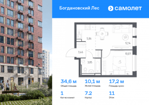 ЖК «Богдановский Лес», планировка 1-комнатной квартиры, 34.58 м²