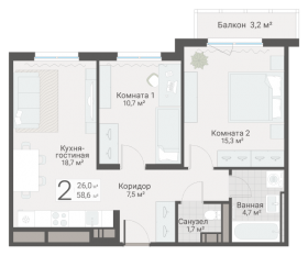 ЖК «Руднева, 15», планировка 2-комнатной квартиры, 58.60 м²