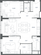 ЖК «Headliner», планировка 3-комнатной квартиры, 82.60 м²