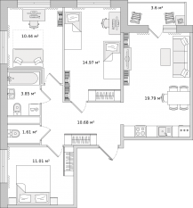 ЖК «Parkolovo», планировка 3-комнатной квартиры, 72.60 м²