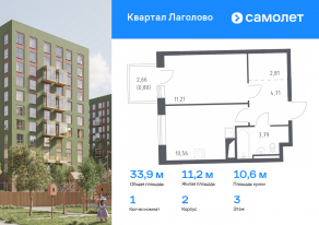 ЖК «Квартал Лаголово», планировка 1-комнатной квартиры, 33.88 м²
