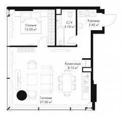 МФК «SLAVA», планировка 1-комнатной квартиры, 58.10 м²