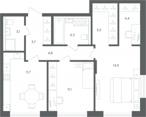 МФК «Равновесие», планировка 2-комнатной квартиры, 62.80 м²