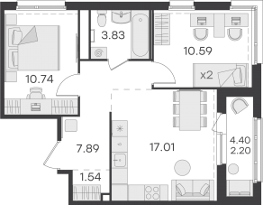 ЖК «GloraX Парголово», планировка 2-комнатной квартиры, 53.80 м²