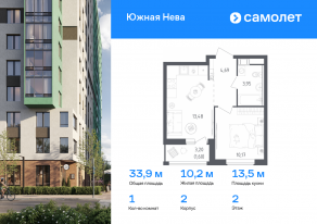 ЖК «Южная Нева», планировка 1-комнатной квартиры, 33.89 м²