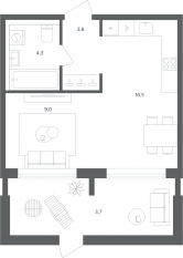 МФК «Равновесие», планировка 1-комнатной квартиры, 37.30 м²
