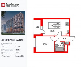 ЖК «Город звезд», планировка 1-комнатной квартиры, 32.23 м²
