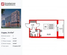 ЖК «Город звезд», планировка студии, 24.43 м²