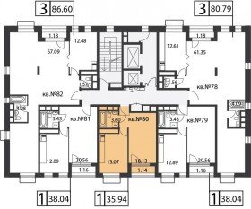 ЖК «Время», планировка 1-комнатной квартиры, 35.94 м²