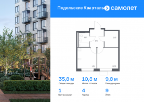 ЖК «Подольские Кварталы», планировка 1-комнатной квартиры, 35.83 м²