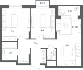 МФК «Равновесие», планировка 3-комнатной квартиры, 53.80 м²