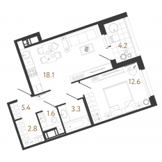 ЖК «Литера», планировка 1-комнатной квартиры, 43.80 м²