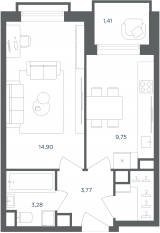 МФК «Равновесие», планировка 1-комнатной квартиры, 35.20 м²