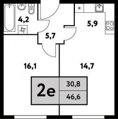 ЖК «Фестиваль парк-2», планировка 2-комнатной квартиры, 46.60 м²