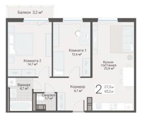 ЖК «Руднева, 15», планировка 2-комнатной квартиры, 65.20 м²