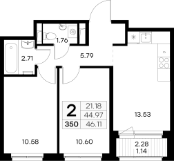 ЖК «GloraX Новоселье», планировка 2-комнатной квартиры, 46.11 м²