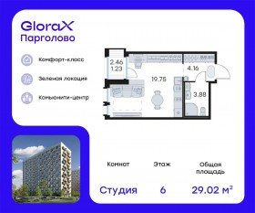 ЖК «GloraX Парголово», планировка студии, 29.02 м²