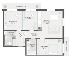 ЖК «Руднева, 15», планировка 3-комнатной квартиры, 81.90 м²