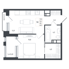 ЖК «Новая Щербинка», планировка 1-комнатной квартиры, 38.10 м²
