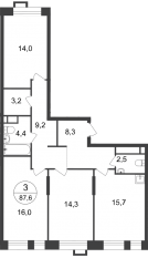 ЖК «Первый Московский», планировка 3-комнатной квартиры, 87.60 м²