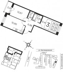 ЖК «Новый Лесснер», планировка 2-комнатной квартиры, 54.59 м²