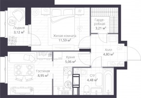 ЖК «Veren Nort сертолово», планировка 1-комнатной квартиры, 39.65 м²