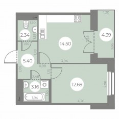 ЖК «Огни Залива», планировка 1-комнатной квартиры, 40.28 м²