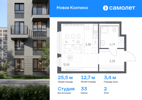 ЖК «Новое Колпино», планировка студии, 25.49 м²
