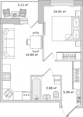 ЖК «Parkolovo», планировка 1-комнатной квартиры, 36.80 м²