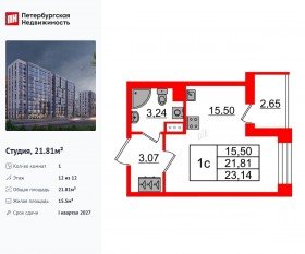 ЖК «Бионика Заповедная», планировка студии, 21.81 м²