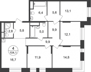 ЖК «Первый Московский», планировка 4-комнатной квартиры, 104.10 м²