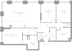 ЖК «Luzhniki Collection», планировка 3-комнатной квартиры, 140.10 м²
