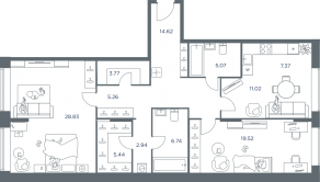ЖК «iLove», планировка 3-комнатной квартиры, 109.60 м²