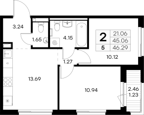 ЖК «GloraX Новоселье», планировка 2-комнатной квартиры, 46.29 м²