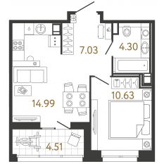 ЖК «Ultra City 3.0», планировка 1-комнатной квартиры, 36.95 м²