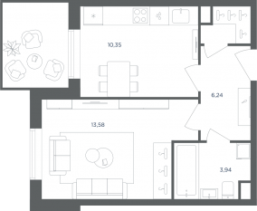 МФК «Равновесие», планировка 1-комнатной квартиры, 34.00 м²