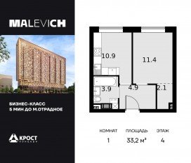 ЖК «Дом Malevich», планировка 1-комнатной квартиры, 33.20 м²