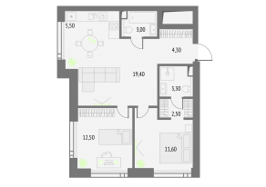 ЖК «Upside Towers», планировка 2-комнатной квартиры, 62.10 м²