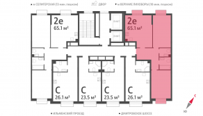 ЖК «Дмитровское небо», планировка 2-комнатной квартиры, 65.10 м²