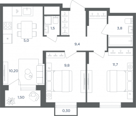 МФК «Равновесие», планировка 3-комнатной квартиры, 52.30 м²
