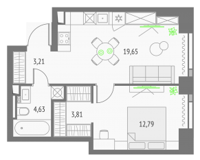 ЖК «Upside Towers», планировка 1-комнатной квартиры, 44.09 м²