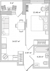 ЖК «Parkolovo», планировка 1-комнатной квартиры, 38.76 м²