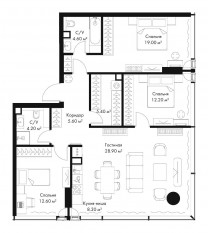 МФК «SLAVA», планировка 3-комнатной квартиры, 100.80 м²